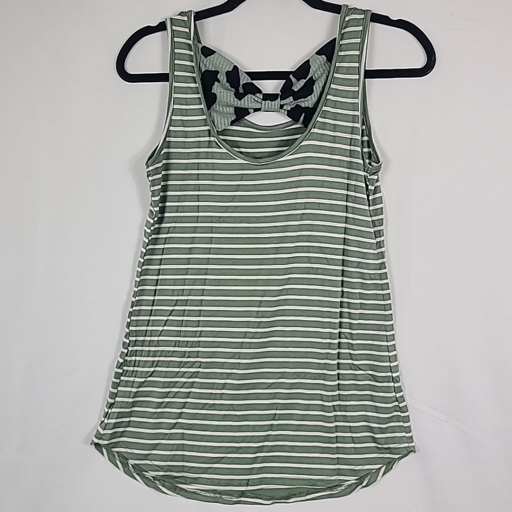 NEW Celeste Women's Back The Bow Up Striped Tank in Sage Sz M